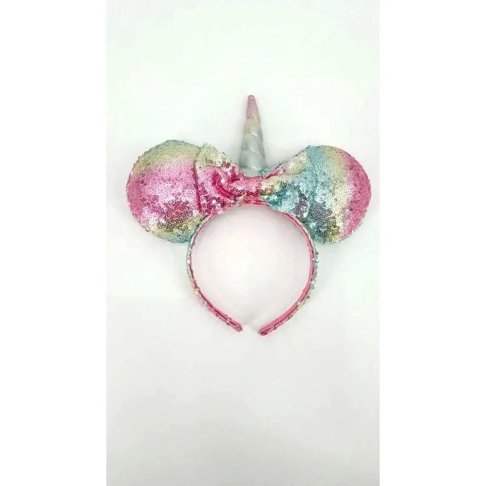 Disney Parks Minnie Mouse Unicorn Ears Pastel Rainbow Sequin Horn Bow